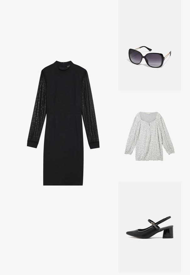 Jasnoszara bluzka z teksturowanym wzorem, okrągłym dekoltem, guzikami z przodu oraz długimi bufkami ze ściągaczami przy nadgarstkach.; Czarna sukienka z dopasowanym górnym części i długimi przezroczystymi, teksturowanymi rękawami. Posiada wysoki dekolt i prostą, smukłą sylwetkę.; Czarne lakierowane czółenka na słupku ze spiczastym noskiem, lekko zaokrąglonym wycięciem i obcasem w kształcie bloku. Posiadają złotą klamrę jako akcent dekoracyjny.; Czarne oversize okulary przeciwsłoneczne z gradientowymi soczewkami, grubymi oprawkami i złotym łańcuszkiem na ramionach.; Czarna torebka o usztywnionym kształcie, gładkiej fakturze i metalowym zapięciem. Połączona z szerokimi czarnymi spodniami i sandałami na otwartym palcu na drewnianej podłodze.