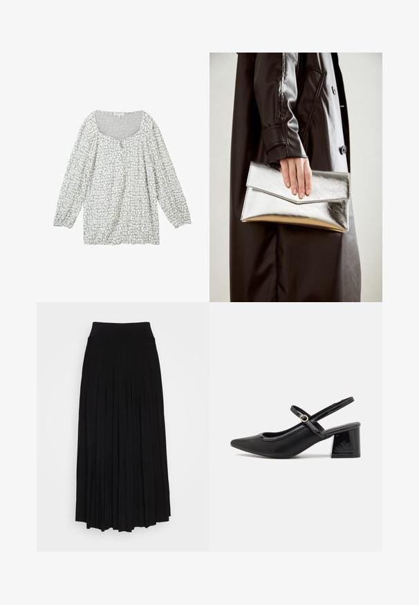 Hellgraue Bluse mit strukturiertem Muster, runder Ausschnitt, Knöpfe an der Vorderseite und langen, puffigen Ärmeln mit elastischen Bündchen.; Schwarzer plissierter Rock mit breitem, dehnbarem Bund. Gefertigt aus weichem Stoff, mit vertikalen Falten für eine fließende Silhouette.; Schwarze Lackleder-Slingback-Absätze mit spitzer Zehenform, einem runden Ausschnitt-Design und einem Blockabsatz. Mit einem goldfarbenen Schnallenakzent.; Silberner metallischer Clutch mit einem eckigen Umschlagdesign, glatter Textur und kontrastierender Innenfarbe, gehalten in einer Hand, die einen schwarzen Mantel trägt.