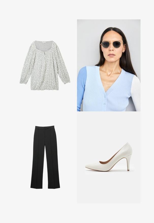 Svetlo siva bluza z teksturiranim vzorcem, izrezom v obliki črke U, gumbi spredaj in dolgimi napihnjenimi rokavi z elastičnimi manšetami.; Črne hlače z ravnimi hlačnicami iz gladkega blaga, z ravnim sprednjim delom, zankami za pas in brez vidnih žepov, s krojenim krojem.; Bela lakirana usnjena čevlja z visoko peto in ostrim nosom ter gladko površino, ki ima vitko peto in nizek izrez okoli odprtine.; Okrogle sončna očala s temnimi lečami in zlatimi okvirji. Model nosi svetlo modro, rebrasto jakno s gumbi in belimi rokavi v kontrastni barvi.