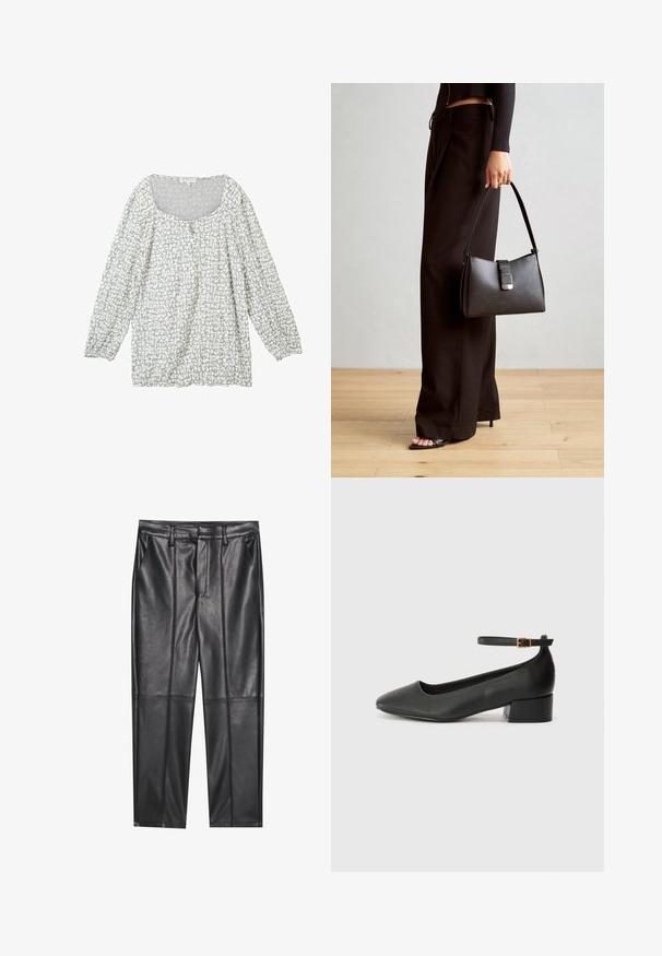 Lichtgrijze blouse met een gestructureerd patroon, een ronde halslijn, knopen aan de voorkant en lange, gepofte mouwen met elastische manchetten.; Zwarte leren broeken met een gladde textuur, voorzien van een rechte pasvorm, twee voorzakken en zichtbare naaddetail.; Zwarte leren pump met een spitse neus en een lage blokhak. Beschikt over een enkelband met een goudkleurige gespsluiting. Gladde textuur.; Zwarte handtas met gestructureerde vorm, gladde textuur en een metalen sluiting. Gecombineerd met brede zwarte broeken en sandalen met open teen op een houten vloer.