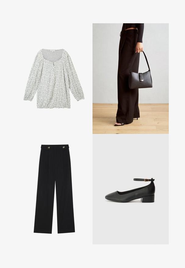 Bluză de culoare gri deschis, cu un model texturat, guler rotunjit, nasturi în față și mâneci lungi, puffate, cu manșete elasticizate.; Pantaloni negri cu picioare largi, talie înaltă, detalii cu butoane pe talie și pliseuri în față.; Pantof cu toc negru din piele, cu vârf ascuțit și toc mic pătrat. Dispune de o curea la gleznă cu o cataramă în tonuri de aur. Textură netedă.; Genți negre cu o formă structurată, textură netedă și un închizător metalic. Asortată cu pantaloni negri largi și sandale cu vârf deschis pe un podea din lemn.
