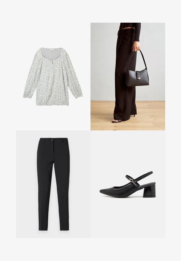 Lys grå bluse med et struktureret mønster, rundet halsudskæring, knapper foran og lange, puffede ærmer med elastiske manchetter.; Sorte figursyede bukser i glat stof med en klassisk talje, lynlås i fronten og sidelommer samt et elegant, skræddersyet design.; Sorte patentlæder slingback hæle med spids tå, rund udskæring og blokhæl. Har en guldtonet spændeaccents.; Sort håndtaske med struktureret form, glat overflade og metalspænde. Sammen med brede sorte bukser og sandaler med åben tå på trægulv.