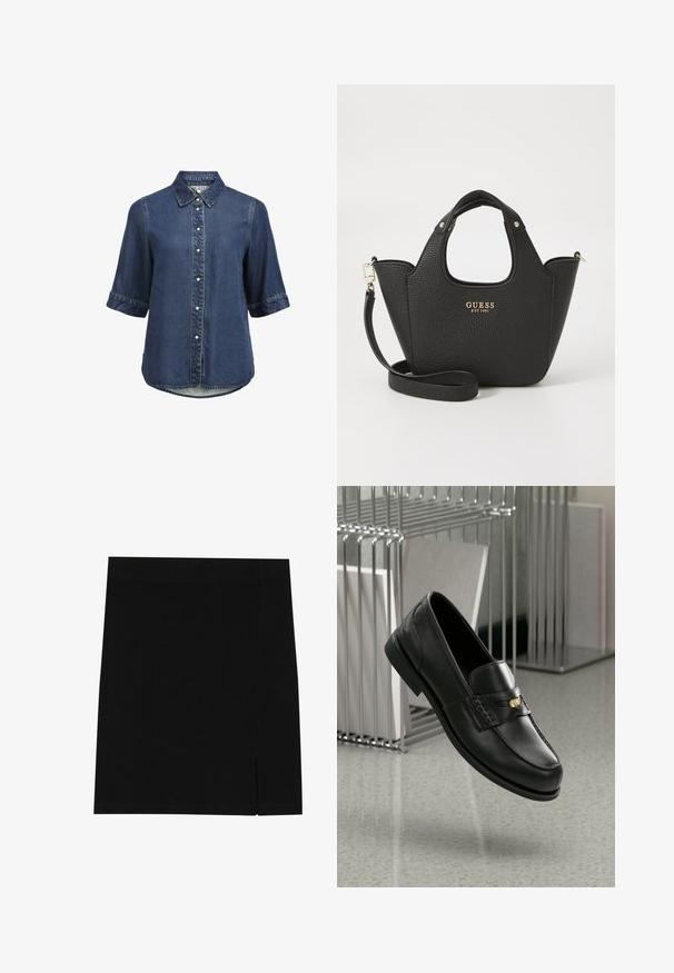 Denim overhemden met korte mouwen, knoopsluiting met parelmoerknopen en een iets afgeronde onderkant.; Zwarte mini rok gemaakt van zachte stof met een aansluitend ontwerp, met een lichte inkeping aan de zijkant voor extra detail.; Zwarte leren loafers met een gladde afwerking, voorzien van een decoratieve band en een kleine gouden accenten. De zool is plat met een ronde neus.; Zwarte getextureerde handtas met korte handgrepen en een afneembare schouderband. Voorzien van een gouden logo-accent. Compacte, gestructureerde vorm.