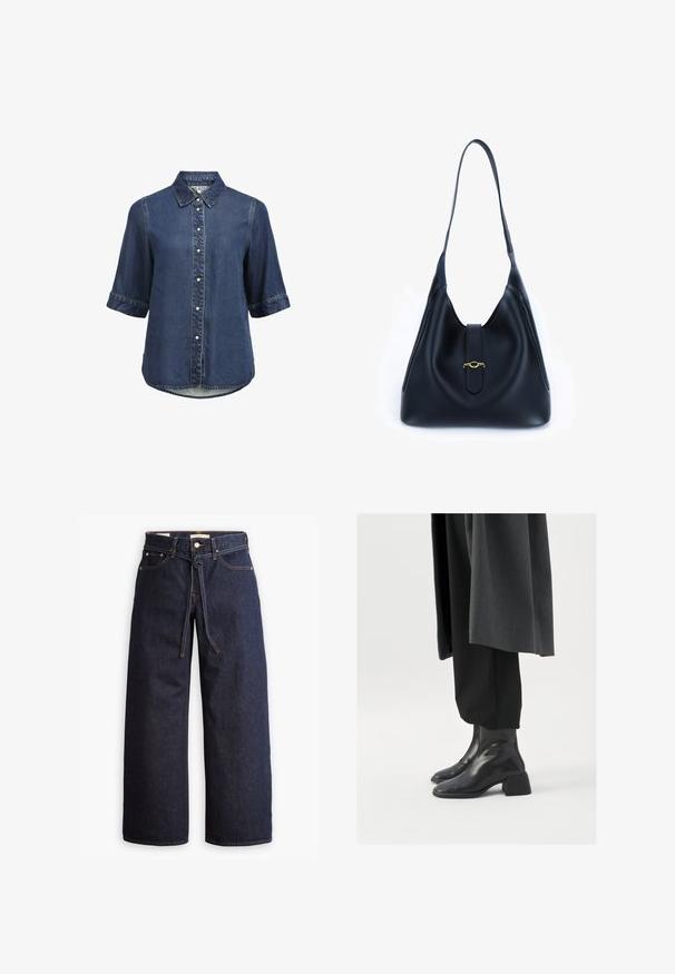 Denim short-sleeve button-up shirt with collar, pearl snap buttons, and slightly curved hem.; Navy turtleneck long-sleeve top. Made from soft fabric with a smooth texture. Features a fitted design and high collar without visible seams.; Wide-leg dark blue denim jeans with a high waist, featuring a drawstring tie, five pockets, and contrasting stitching details.; Black leather ankle boots with a square toe and chunky heel, worn with loose black trousers and a dark gray coat. Smooth surface texture.; Black leather handbag with a soft, slouchy design. Features a flat strap and a central closure adorned with a gold accent.