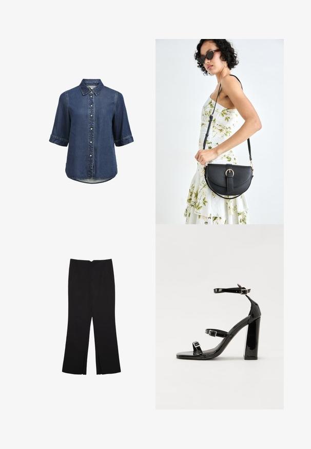 Camicia in denim a maniche corte, con colletto, bottoni a pressione perle e orlo leggermente curvato.; Pantaloni neri a gamba dritta, con tasche frontali e spacchi laterali all'orlo. Realizzati in tessuto morbido e liscio. Adatti a diverse occasioni.; Sandali con tacco in vernice nera, con punta squadrata, cinturini alla caviglia e fibbie in argento. Presentano un tacco a blocco spesso per maggiore stabilità.; Borsa a tracolla nera in pelle con una forma curva, manico rimovibile e accessori dorati. La borsa presenta una patta con un dettaglio a fibbia.