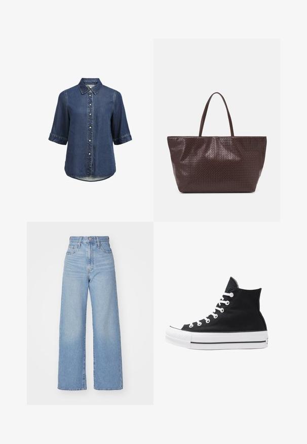 Denim overhemden met korte mouwen, knoopsluiting met parelmoerknopen en een iets afgeronde onderkant.; Lichtblauwe high-waist wijde jeans met een knoop- en ritssluiting aan de voorkant, voor- en achterzakken, op een witte achtergrond.; Hoge zwarte canvas sneaker met witte oogjes, veters en rubberen zool. Beschikt over een gestructureerde neuskap en zwart-witte streepaccenten.; Bruine gevlochten leren tote bag met twee handvatten, een gestructureerde vorm en een getextureerd oppervlak, met een diamantpatroon overal.