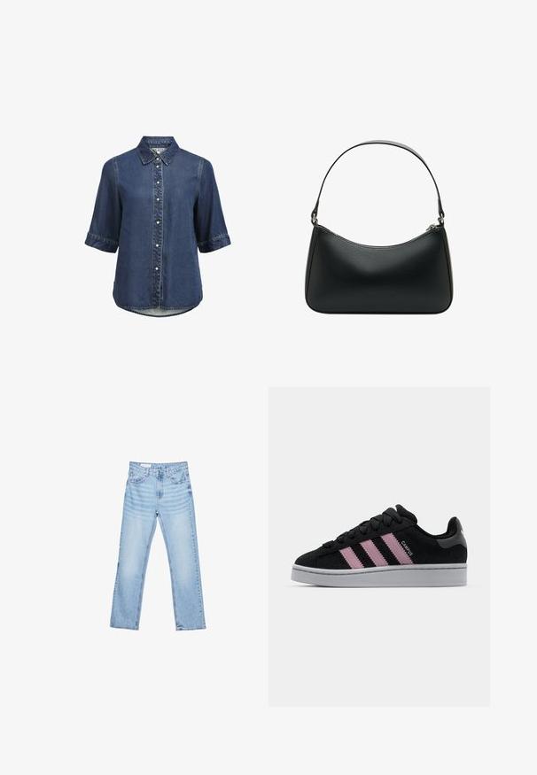 Denim lyhythihainen nappipaita, jossa on kaulus, helmi-nappikiinnitys ja hieman kaareva helma.; Vaaleansiniset farkut suoran leikkauksen, viiden taskun muotoilun ja näkyvän ompelun kanssa. Keskikorkea vyötärö, jossa on perinteinen nappi- ja vetoketjukiinnitys.; Mustat mokkanahka-sneakerit, joissa on vaaleanpunaiset kolme raitaa, harmaa kumipohja ja teksturoitu kieli. Sivussa ja kantapäässä brändäys.; Mustat nahkaolkalaukku, jossa on kaareva muoto, yksittäinen litteä hihna ja yläosan vetoketjukiinnitys. Tasainen pinta, jossa on minimaalinen metalliosien määrä.