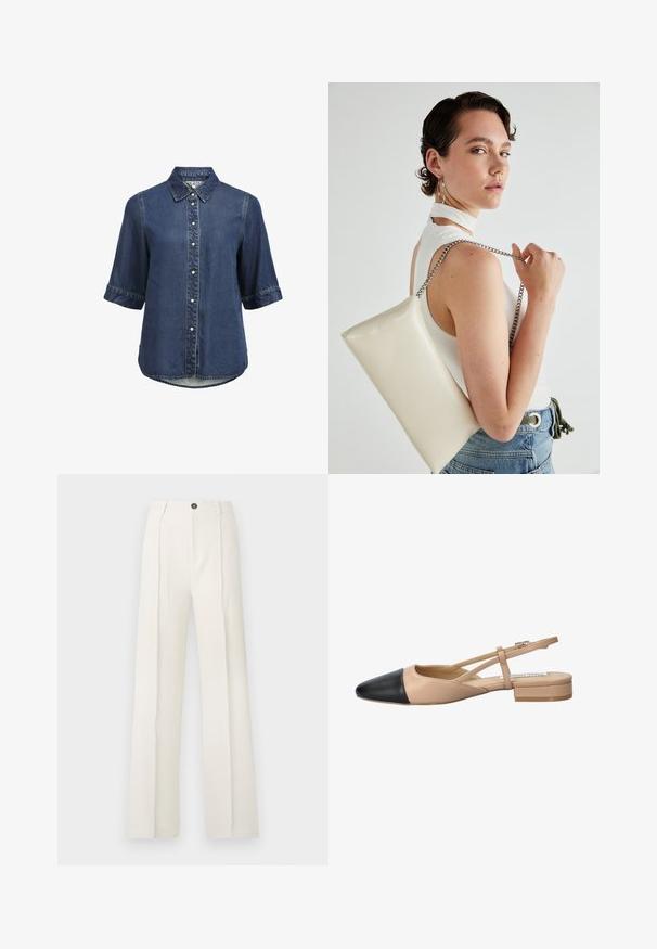 Denim lühikeste varrukatega nööbiga särk, millel on krae, pärlilukud ja veidi kõveram hem.; Valged laiad püksid kõrge vöökohtuga, millel on kaks eesmist pleedi, ainus nööpkinnitus ja taskud. Sile kangastekstuuri.; Beez ja must kahetooniline slingback king, millel on terav nina, lame konts ja ristuv rihma detail. Sile nahk tekstuur.; Valge ristkülikuline kotti, mis on valmistatud läikivast materjalist, hõbedase ahelsangaga. Mudel poseerib, tutvustades kotti ühtlase taustaga.