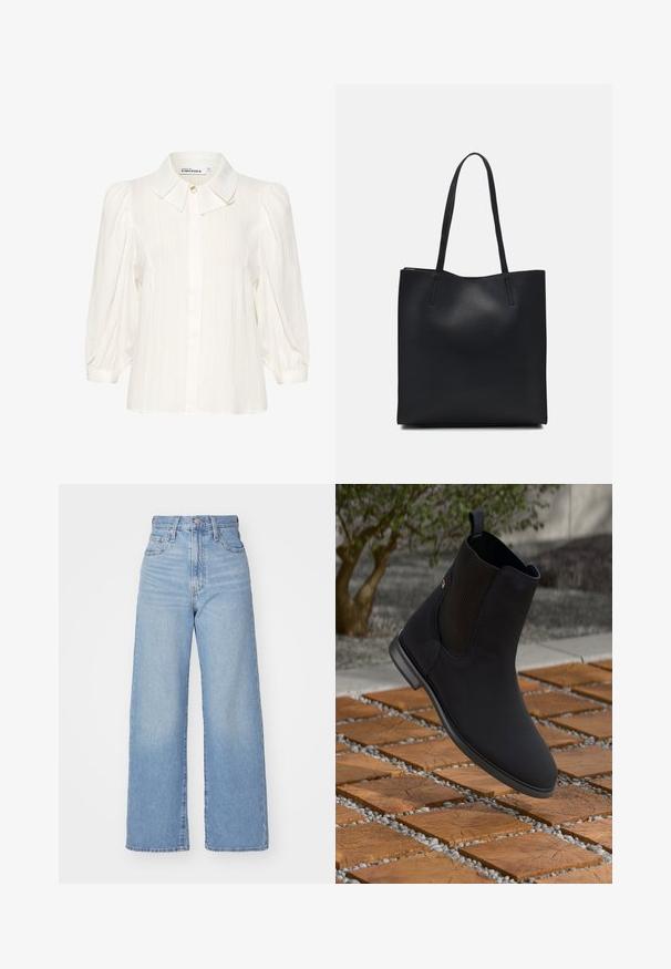 Bela bluzica iz teksturiranega materiala, s širšim ovratnikom, sprednjim zapiranjem na gumb in napihnjenimi dolgimi rokavi. Mehak in lahko oblikovan dizajn.; Svetlo modri visokorasli široki traper hlače z sprednjim gumbom in zadrgo, sprednjimi in zadnjimi žepi, na belem ozadju.; Črne gležnarje z elastiko na straneh, ki plavajo nad lesenimi kvadratnimi ploščicami s kamenčki v zunanjem okolju.; Črna usnjena torba s svilnato teksturo, pravokotne oblike in dvema dolgima ročajema. Brez vidnih metalnih delov ali okrasnih elementov.