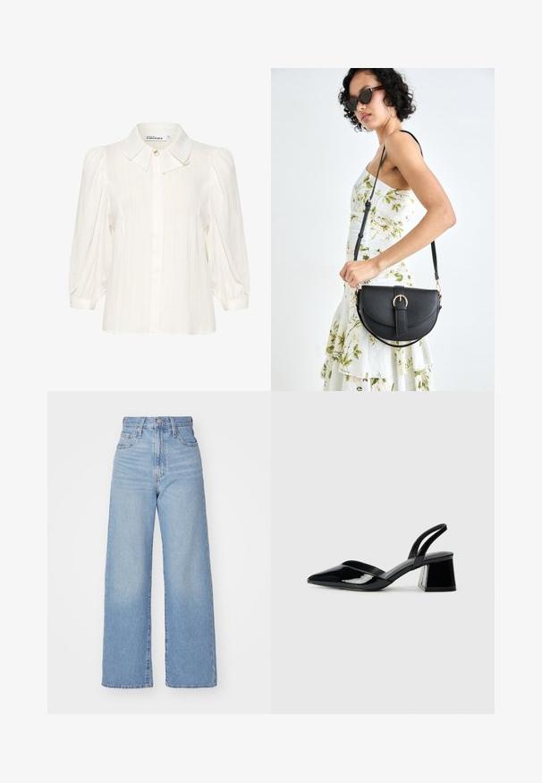 White blouse with textured fabric, a spread collar, front button closure, and puffed long sleeves. Soft and lightweight design.; Light blue high-waist wide-leg jeans with front button and zip closure, front and back pockets, on a white background.; Black patent leather slingback heels with a pointed toe and a geometric block heel. Features a sleek, minimal design and smooth texture.; Black leather handbag with a curved shape, detachable strap, and gold hardware. The bag features a flap with a buckle detail.
