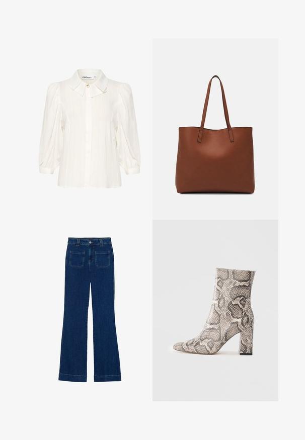 Valge pluus tekstureeritud kangast, laia kraega, ees nupuluku ja puhvärviliste pikkade varrukatega. Pehme ja kerge disain.; Tumedat sinised flared teksad, millel on sile tekstuur, viie tasku disain ja nupuga kinnitamine vööl.; Pahkluuni king, millel on paks konts ja beež-halli snake'i mustriga, esitatud lihtsa heleda tausta taustal.; Pruun nahast tote-kott, millel on sile tekstuur, avatud ülaosa disain ja kaks õlarihma. Omab minimaalset õmblust ja nähtavat riistvara ei ole.