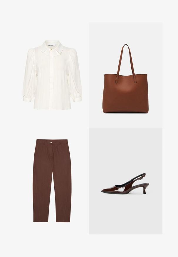Blusa bianca con tessuto testurizzato, colletto aperto, chiusura frontale con bottoni e maniche lunghe a sbuffo. Design morbido e leggero.; Pantaloni di cotone marroni con design a gamba dritta, dotati di chiusura con bottone frontale e tasche laterali. Texture liscia con dettagli di cucitura minimi.; Scarpa slingback in pelle verniciata marrone con punta affusolata e tacco moderato. Presenta una fascia con fibbia per una calzata sicura. Tessuto liscio.; Borsa tote in pelle marrone con texture liscia, design con apertura superiore e due spallacci. Presenta cuciture minime e nessun hardware visibile.