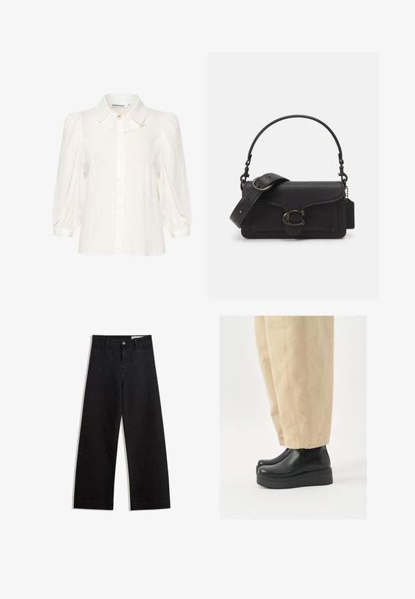 Bela bluzica iz teksturiranega materiala, s širšim ovratnikom, sprednjim zapiranjem na gumb in napihnjenimi dolgimi rokavi. Mehak in lahko oblikovan dizajn.; Črne široke denim hlače z visokim pasom, ki imajo sprednje in zadnje žepe, šivane šive ter gumbasto zapiranje. Gladka tekstura.; Črne usnjene gležnjarje z zaobljenim nosom in platformo. Ujemajo se s bež širokimi hlačami, ki imajo vidne šive.; Črna usnjena torba preko telesa z teksturirano površino, nastavljivim trakom in srebrnim okovjem. Ima sprednji pokrov z zaponko.