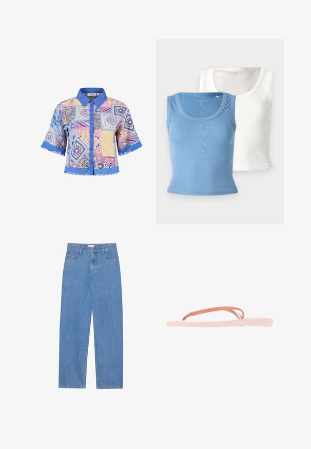 Kratka blagovna bluza z večbarvnim paisley vzorcem, modrim ovratnikom in valovitim robom z gumbom. Lahka tkanina.; Dve rebraste majice brez rokavov: ena svetlo modra in ena bela. Vsaka ima okroglo ovratnik in prilegajočo silhueto, ki poudarja teksturo tkanine.; Svijetloplavi traper hlače ravnog kroja, s dizajnom od pet džepova, jednim dugmetom za zatvaranje i suptilnim šavovima.; Roza gumijasta copata z teksturiranim podplatom, tankimi trakovi in ravnim podplatom. Oblikovanje ne vsebuje vzorcev ali dodatnih okraskov.