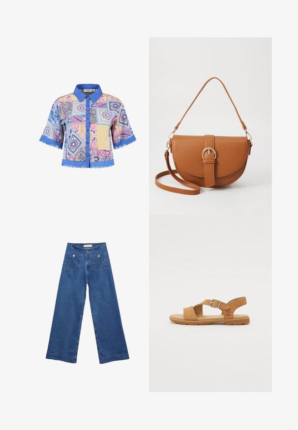 Bluzka z krótkim rękawem z wielokolorowym wzorem paisley, niebieskim kołnierzykiem oraz falbaną na dole z zapięciem na guziki. Lekka tkanina.; Jeans dżinsowe o szerokich nogawkach w średnim niebieskim odcieniu, z dwiema przednimi kieszeniami zapinanymi na guziki oraz przeszyciami wzdłuż dołów nogawek.; Brązowe skórzane sandały z klamrą, otwartym palcem i wyściółką na podeszwie. Posiadają elastyczną gumową podeszwę oraz wytłoczone detale logo.; Brązowa skórzana torba na ramię o zaokrąglonym kształcie, ze złotymi akcentami i zapięciem w formie klamry. Posiada odpinany pasek na ramię.