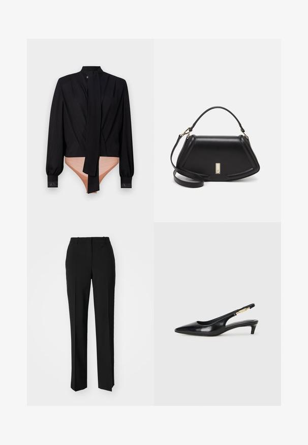 Elisabetta Franchi WOMEN BODY SHIRT - Blūze - nero; Melnas pielāgotas bikses ar taisnu kāju dizainu, kas raksturojas ar gludu faktūru un asiem krokām pa priekšu. Nav redzamu metāla detaļu.; Melnas ādas slingback zābaki ar smailu purngalu, ar šauru papēdi un zelta krāsas akcentu uz regulējama siksniņas. Gluda tekstūra.; Melnas ādas roku soma ar struktūru, ar īsu formu, augšējo rokturi un zelta aksesuāriem. Iekļauta regulējama plecu siksna.