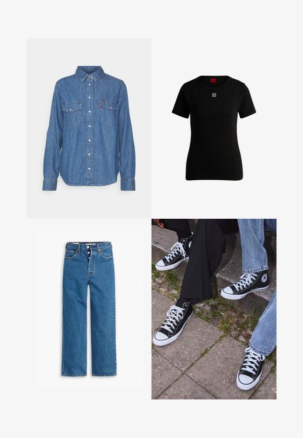 Blue denim button-up shirt with long sleeves, two chest pockets, and a collar. Features a Levi's logo on the left pocket.; Black short-sleeved t-shirt made of soft cotton, featuring a round neckline and a small white "HUGO" logo on the chest. Classic fit.; Blue denim straight-leg jeans with a high waist, five-pocket design, and button fly. Noticeable stitching and copper-tone rivets.; Black high-top canvas sneakers with white rubber soles and laces, featuring a circular logo on the side and paired with denim and black pants.