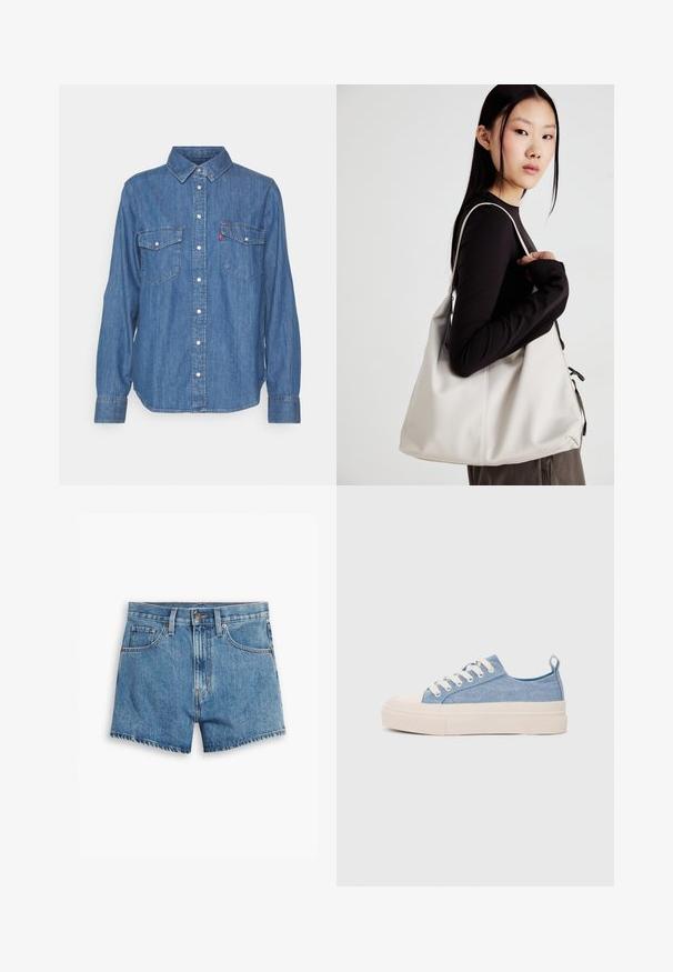 Blå denim skjorte med knapper og lange ermer, to brystlommer og krage. Har et Levi's-logo på venstre lommeside.; Lys blå denimshorts med fem lommer, glidelås og knappefeste. Bunnkanten er slitt med et avslappet passformdesign.; Lys blå canvastøfler med en kremfarget gummitupp og yttersåle, med hvite snørebånd og en løfteløkke på hælen.; Beige håndveske laget av mykt materiale, med en slapp design, sydd detaljer og to skulderstropper. Passer for daglig bruk.