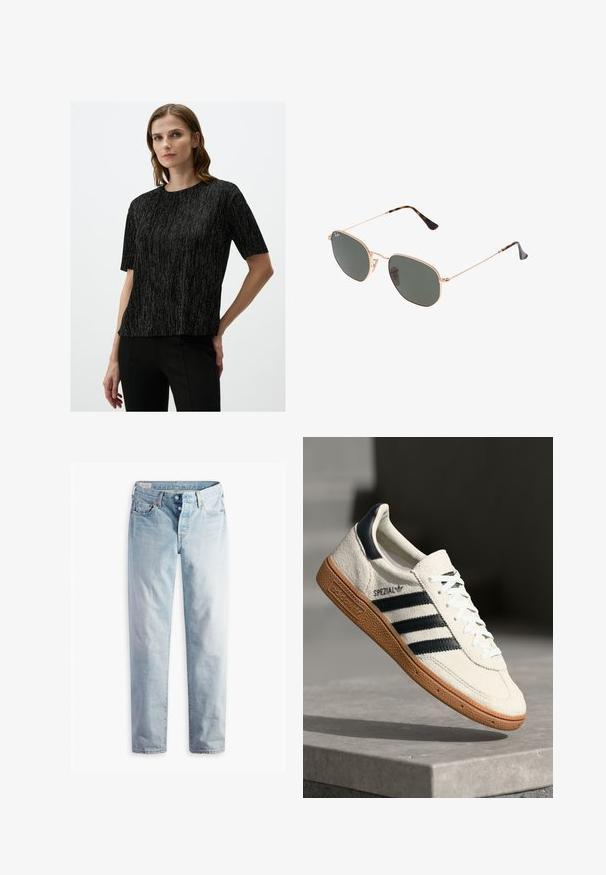 Jimmy Key ELEGANT SPARKLE - Camicetta - black; Jeans in denim blu chiaro con taglio dritto, due tasche frontali e due tasche posteriori. Include una chiusura a due bottoni e cuciture sottili.; Sneaker bianca in suede con strisce blu navy, suola in gomma, parte superiore testurizzata, punta rotonda e lacci; presenta un marchio sul lato e sulla linguetta.; Occhiali da sole con montatura in metallo dorato e lenti verde scuro, stile aviator, con aste sottili e dettagli in tartaruga sulle punte.