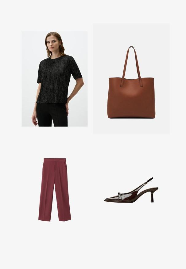 Jimmy Key ELEGANT SPARKLE - Blouse - black; Bordeaux brede broek met een zachte textuur, voorzien van zijzakken en een hoogtaille ontwerp. Strak gesneden met een nette voorplooi.; Bruine gepatineerde leren slingback schoen met een spitse neus, lage hak en een decoratieve strikaccent aan de voorkant. Glad, glanzend oppervlak.; Bruine leren tote bag met een gladde textuur, een ontwerp met een open bovenkant en twee schouderbanden. Kenmerkt zich door minimale stiksels en geen zichtbare hardware.