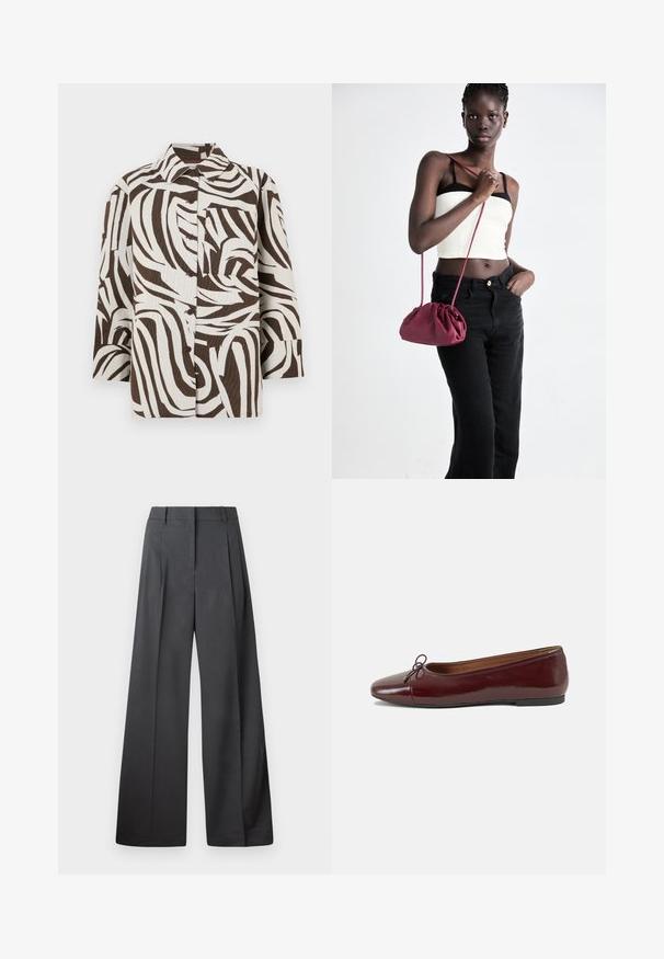 Cămașă cu nasturi în nuanțe de maro și alb, având un model în formă de valuri. Fabricată dintr-un material texturat, cu guler și un singur buzunar pe piept.; Pantaloni culți din țesătură gri închis, cu talie înaltă, pliuri simple și o textură netedă, cu o finisare curată la tivuri.; Balerini din piele patent burgund cu vârful rotund, accent de fundiță mică în față și talpă joasă din cauciuc negru. Textură netedă.; Geantă dintr-un material moale de culoare burgundă, cu un design plisat și o curea lungă, purtată pe umăr. Modelul poartă un top alb scurt și blugi negri.