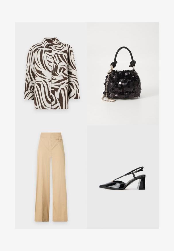 Rjava in bela srajca s gumbi, ki prikazuje valovit vzorec. Izdelana iz teksturirane tkanine s kragnico in enim žepom na prsih.; Beige široke hlače iz mešanice bombaža. Imajo gladko teksturo, elastičen pas in stranski gumbov detajl.; Črne lakirane slingback visoke pete z ostrim nosom, nastavljivim trakcem in debelim pravokotnim peto.; Črna mini torbica s palčkami iz bleščic, z vozlanim teksturiranim trakom in srebrnima verigama. Okrogla oblika z nabranim vrhom in odsevnimi detajli.
