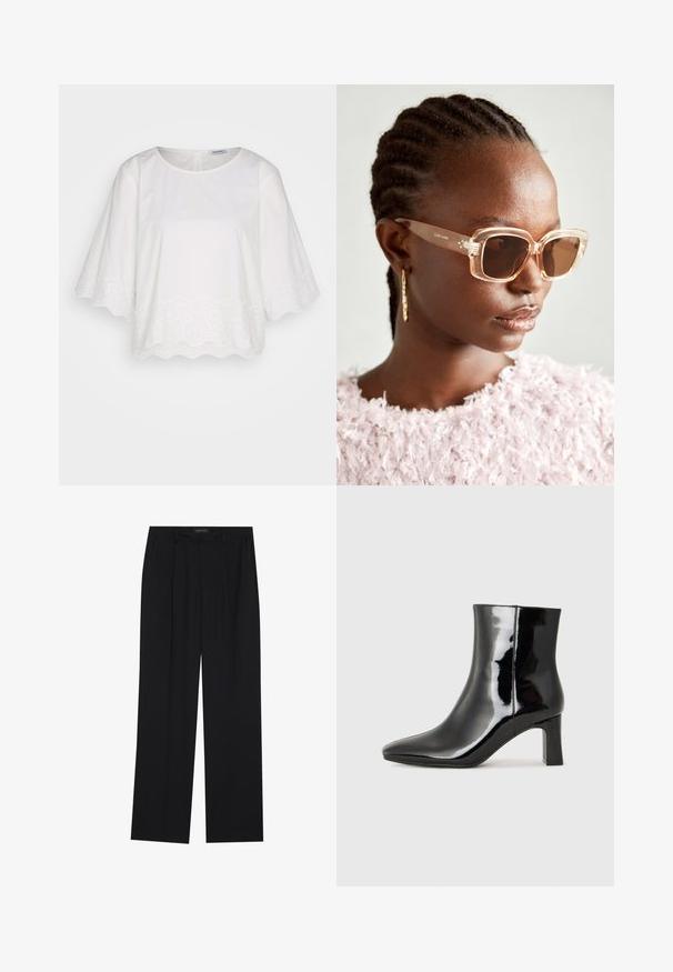 Esprit BLOUSE - Bluse - off white; Sorte bukser med rette ben, som har to frontlommer og en talje. Laget av et glatt, lett stoff.; Sorte patentlær ankle boot med spiss tå og en mellomhøy blokkhelt. Glatt tekstur og minimalistisk design.; Beige oversized solbriller med klar ramme og brune tonede linser, med subtile blomsterdetaljer og dristig, geometrisk design.