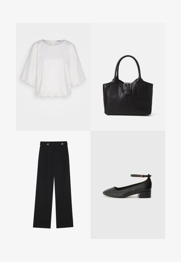 Esprit BLOUSE - Blouse - off white; Zwarte wijde broek met hoge taille, knoopdetails op de tailleband en plooien aan de voorkant.; Zwarte leren pump met een spitse neus en een lage blokhak. Beschikt over een enkelband met een goudkleurige gespsluiting. Gladde textuur.; Zwarte leren tote bag met een gladde textuur, gestructureerde vorm, twee handvatten en een opvallend zilveren sluitingdetail aan de voorkant.