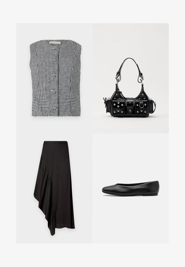 Black and white gingham sleeveless top with a rounded neckline, featuring three front buttons and a textured fabric.; AERON ASTER SKIRT - Pencil skirt - black; Paul Smith TOPANGA - Ballet pumps - black; Black leather handbag with a curved design, featuring silver studs, a buckle, and two side pockets. Adjustable strap for carrying options.