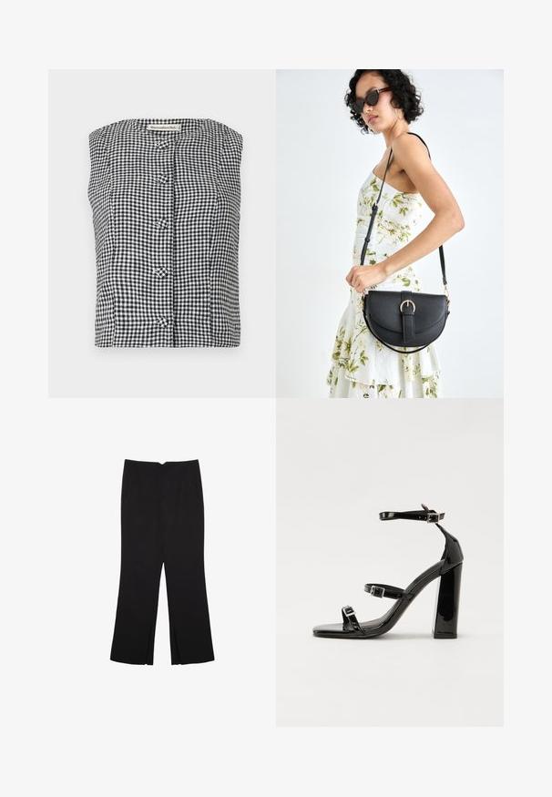 Top sans manches en vichy noir et blanc avec un col arrondi, comportant trois boutons sur le devant et un tissu texturé.; Pantalon noir avec une coupe droite, doté de poches avant et d'éclairs sur l'ourlet. Fabriqué en tissu doux et lisse. Convient à diverses occasions.; Sandales à talons hauts en cuir verni noir avec deux brides à boucles, bout carré et talon bloc épais, présentant une texture lisse et brillante.; Sac à main en cuir noir avec une forme courbée, bandoulière amovible et des accessoires en or. Le sac est doté d'un rabat avec un détail de boucle.
