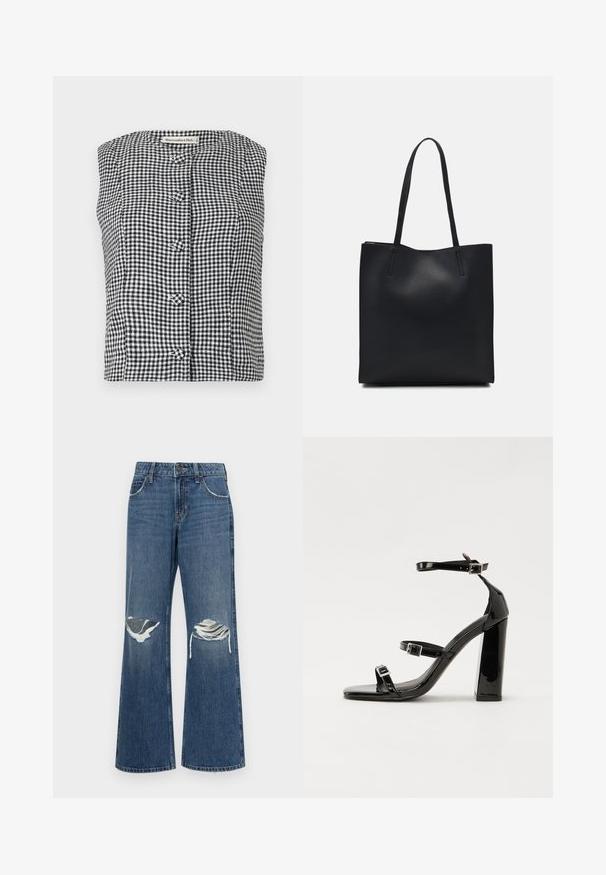 Svart og hvit gingham uten ermer med rund hals, med tre frontknapper og en teksturert stoff.; Denim bredde ben-jeans i medium blå, med slitte knær, råkantede kanter og en klassisk fem-lomme design med metallknappelukking.; Svart høyglans sandaler med hæl, firkantet tå, ankelremmer og sølvspenner. Har en kraftig blokkhæl for stabilitet.; Svart lær tote bag med glatt tekstur, rektangulær form og to lange håndtak. Ingen synlige deler eller dekorasjoner.