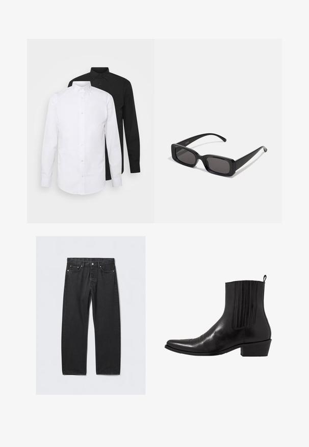 Deux chemises à manches longues, l'une blanche et l'autre noire, avec un col pointu et une fermeture à boutons, fabriquées à partir d'un tissu lisse.; Jeans en denim noir avec une coupe droite, dotés d'un bouton d'ouverture, de cinq poches et d'accents en métal cuivré. Texture lisse.; Bottine noire en cuir avec un bout pointu, des panneaux latéraux élastiques, des accents de coutures verticales et un petit talon bloc.; Lunettes de soleil noires rectangulaires avec des verres foncés, finition brillante, larges branches et un design de monture épaisse. Nom de marque gravé sur une branche.; Cravate noire en satin lisse. Elle présente un design étroit avec une pointe et un col ajustable pour un maintien sûr.
