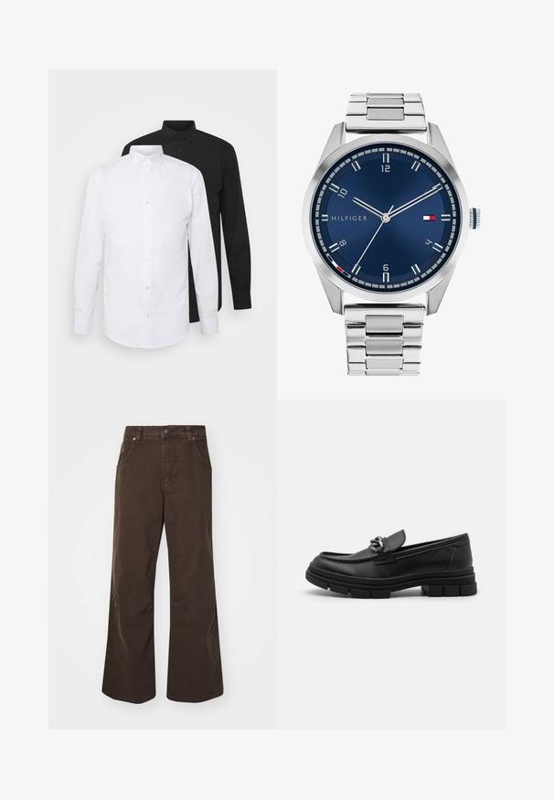 To langermede skjorter, en hvit og en svart, med spiss krage og knappelukking, laget av glatt stoff.; Brune vidde bukser laget av bomull, med høy midje, frontlommer og en glatt tekstur. Avslutningen inkluderer subtile sømdetaljer.; Svart lær loafer med rund tå, dekorativ stropp og detaljer i metall, samt en kraftig teksturert såle. Glatt finish med subtile detaljer.; Sølv metallklokke med en børstet blå urskive, hvite timemarkører og datovisning. Har en koblet metallarmbånd og merkevarelogo.; Sølvkjede med tykke lenker og en sentral sirkelformet anheng med intrikate detaljer. Glatt, reflekterende metalloverflate.