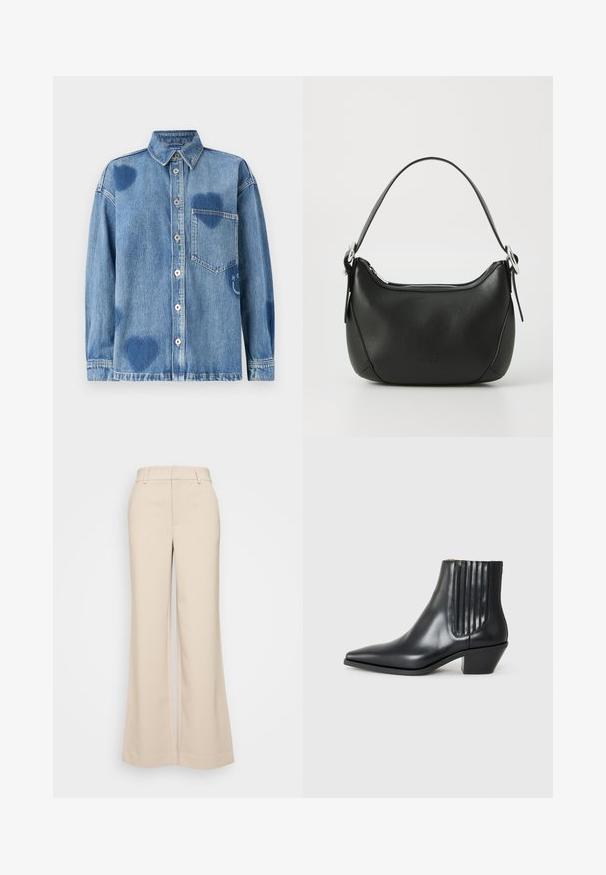Camisa de ganga em azul claro com detalhes em forma de coração, colarinho pontudo, bolso frontal e lista de botões. Tecido suave e texturizado.; Calças largas bege com uma textura suave, apresentando uma cintura alta e dois bolsos frontais. Design limpo com um ajuste sob medida.; Bota de tornozelo em couro preto com bico fino, painéis laterais elásticos com sulcos verticais e um salto baixo em bloco. Textura suave e design elegante.; Saco de mão de couro preto com uma forma curved, fecho prateado e uma alça curta. Apresenta um logotipo discreto na frente e uma textura suave.