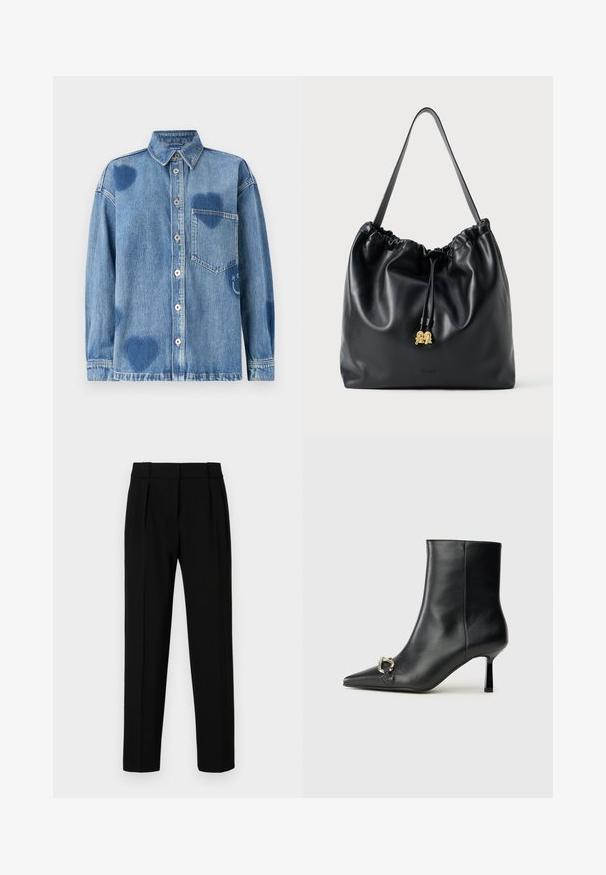 Džínová košile světle modré barvy s akcenty ve tvaru srdce, se špičatým límcem, přední kapsou a knoflíkovou légu. Měkká, strukturovaná tkanina.; Černé oblekové kalhoty se straight fit střihem, předními záhyby, lesklým materiálem a středním pasem. Bez viditelných kapes nebo kovových detailů.; Černá kožená kotníková bota s špičatou špičkou, úzkým středně vysokým podpatkem a stříbrnou sponou na straně, na jednobarevném pozadí.; Černý kožený taška na šňůrku s hladkým povrchem, staženým vrchem a jemnými zlatými detaily. Obsahuje jeden pevný popruh a embosované logo.