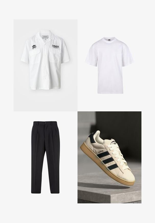 Camisa blanca de manga corta con cierre frontal de botones, dos bolsillos en el pecho y logotipos bordados en negro de Carhartt y WIP. Textura de tela suave.; Camiseta blanca de algodón con cuello redondo, mangas cortas y un corte relajado. Presenta un diseño liso sin patrones ni detalles.; Pantalones negros con un diseño de frente plisado, hechos de una tela suave. Cuentan con un cierre de botón y pasadores para cinturón; corte recto.; Zapatilla de ante beige con tres rayas azul marino, cordones blancos y una suela de goma color cuero. Presenta un logo en la lengüeta y el texto "CAMPUS".