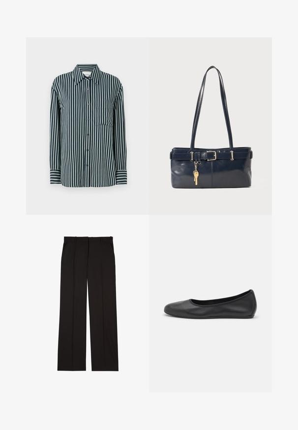 Camicia button-up con righe verticali blu navy e verde chiaro, colletto classico, maniche lunghe e una tasca sul petto. Realizzata in tessuto liscio.; Pantaloni neri su misura realizzati in un tessuto liscio, con un design a gamba dritta e due tasche laterali. Costruzione elegante e minimalista.; Pantofole da balletto nere in pelle con punta arrotondata, texture liscia, dettagli di cucitura minimi e design con suola flessibile.; Borsa a mano in pelle blu con due manici lunghi, un dettaglio con fibbia e un portachiavi attaccato. Presenta una texture liscia e una forma rettangolare.