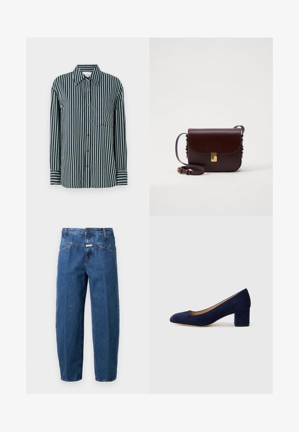 Button-up shirt featuring vertical navy and light green stripes, classic collar, long sleeves, and a single chest pocket. Made of smooth fabric.; Denim jeans in dark blue, featuring a relaxed fit, five-pocket design, stitched seams, and a button closure at the waistband.; Navy blue suede pump with a pointed toe and a mid-height block heel. Smooth texture with a subtle sheen and a small cutout at the front.; Brown leather bag with a flap closure, gold accent hardware, and an adjustable strap. Features a smooth texture and a sleek rectangular shape.