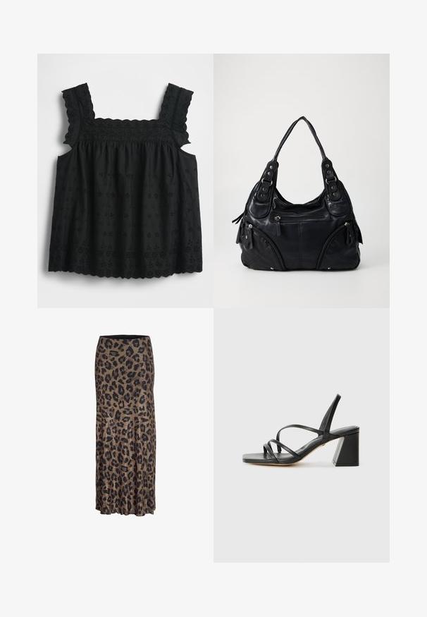 Black, sleeveless top featuring embroidered floral patterns, scalloped edges, and a gathered bodice for a relaxed fit. Lightweight fabric.; Leopard print skirt in brown and black, featuring a flowing design with a subtle ruffle hem, made from lightweight, soft fabric.; Black heeled sandals with a square toe, featuring multiple thin straps and a geometric block heel. Smooth leather texture and minimal design.; Black leather handbag with double handles, front zipper pockets, and metal rivet details, set against a plain light background.