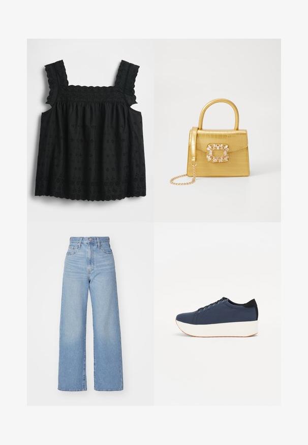Black, sleeveless top featuring embroidered floral patterns, scalloped edges, and a gathered bodice for a relaxed fit. Lightweight fabric.; Light blue high-waist wide-leg jeans with front button and zip closure, front and back pockets, on a white background.; Navy blue sneaker with a textured fabric upper, white platform sole, rounded toe, and black heel accent. Features six eyelets for laces.; Yellow faux-crocodile handbag with a structured design, top handle, detachable chain strap, and decorative crystal embellishment on the clasp.