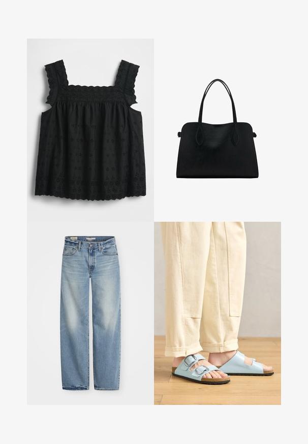 Black, sleeveless top featuring embroidered floral patterns, scalloped edges, and a gathered bodice for a relaxed fit. Lightweight fabric.; Light blue wide-leg jeans made of denim. Features a button and zip fly, five pockets, and a faded finish with a slightly distressed hem.; Light blue open-toe sandals with dual buckles, cork footbed, and black rubber sole, paired with cream wide-leg trousers.; Black leather handbag with dual shoulder straps, rectangular shape, and minimalistic design on a white background.