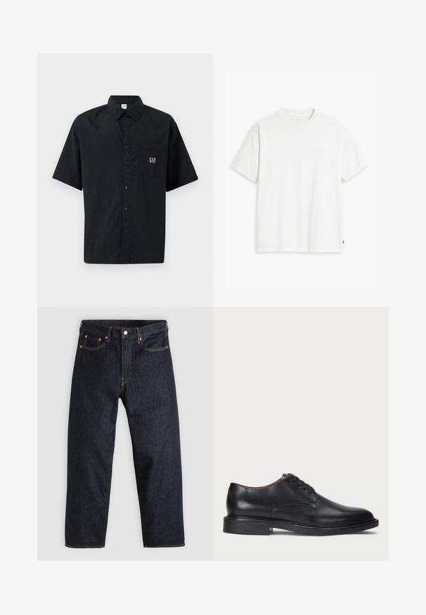 Camicia nera a maniche corte con bottoni, realizzata in tessuto leggero, caratterizzata da una tasca sul petto e dal dettaglio del logo "GAP" dorato.; T-shirt bianca in cotone con maniche corte, colletto tondo e logo Levi's discreto stampato al centro. Texture morbida e vestibilità standard.; Jeans in denim blu scuro con taglio dritto, cinque tasche, cuciture arancioni a contrasto e chiusura con bottone. Nessun motivo o decorazione visibile.; Scarpa da uomo in pelle nera con punta rotonda, design con lacci e tacco basso impilato. Texture liscia con dettagli di cucitura minimi.