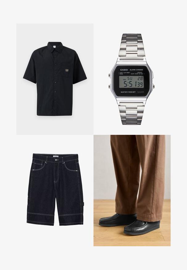 Černá košile s krátkým rukávem, vyrobená z lehkého materiálu, s náprsní kapsou a zlatým logem "GAP".; Tmavě modré džínové kraťasy s kontrastním šitím, pěti kapsami, zapínáním na knoflík a rovným střihem. Žádné viditelné vzory nebo textury.; Černé kožené boty s mokasínovým designem a prošíváním, spárované s hnědými kalhotami, na dřevěné podlaze.; Digitální hodinky Casio s černým ciferníkem, stříbrným nerezovým páskem, obdélníkovým pouzdrem a tlačítky pro osvětlení, resetování kola a nastavení režimu.