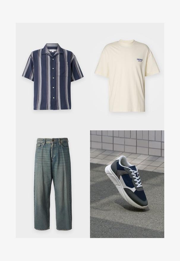 Kratkām piedurknēm ar pogām apģērbs tumši zils ar vertikālām svītrām. Iespējama kabata un kontrastējoši teksturēti raksti pelēkā un sarkanā krāsā.; Īsām piedurknēm krēma krāsas T-krekls, izgatavots no kokvilnas. Uz kreisā krūšu kabatas redzams mazs zils "ORIGINALS" logotips. Klasiska piemērotība un apaļa kakla izgriezums.; Gaiši zili džinsi ar brīvu piegriezumu, vidējo jostas augstumu un taisnām kājām. Satur piecas kabatas, jostas cilpas un pogu aizdari.; Sporta apavi ar tumši zilas krāsas tīkla augšdaļu, pelēku zamšādas akcentiem, baltu gumijas zoli un plakaniem baltiem šņorēm, kas izstrādāti komfortam un elpojamībai.