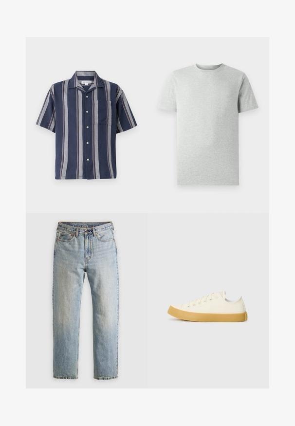 Short-sleeve button-up shirt in navy with vertical stripes. Features a pocket and contrasting textured patterns in gray and red.; Plain light gray short-sleeve crew neck T-shirt displayed on a white background, front view with no visible logos or designs.; Light blue denim jeans with high waist, front button, zipper, and five-pocket design, laid flat on a neutral background.; Canvas sneakers in off-white with a round toe, featuring beige rubber soles and five eyelets for laces, textured finish on the upper.