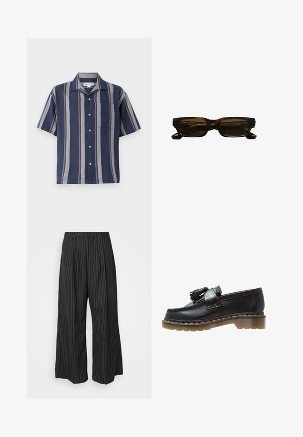 Chemise à manches courtes avec boutons en bleu marine ornée de rayures verticales. Elle possède une poche et des motifs texturés contrastants en gris et rouge.; Pantalons larges noir à rayures avec plis, présentant un design ajusté et une texture douce. Pas de matériel ou d'accents visibles.; Mocassins en cuir noir avec une finition texturée, ornés d'un pompon décoratif et de coutures jaunes contrastantes, sur une semelle épaisse et transparente.; Lunettes de soleil rectangulaires en écaille de tortue avec des verres sombres, monture épaisse en acétate et branches angulaires. Le nom de la marque figure sur l'intérieur de la branche.