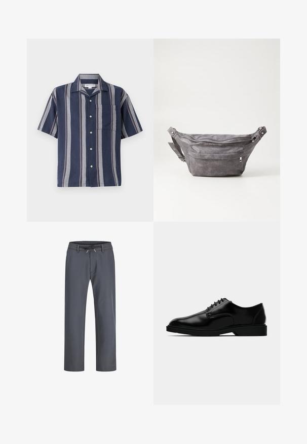 Kortärmad skjorta med knäppning i marinblått med vertikala ränder. Har en ficka och kontrasterande texturerade mönster i grått och rött.; Grå byxor med elastisk midja och snöre. Rakt ben-design, tillverkade av slät tyg, har minimal sömnad och ingen synlig hårdvara.; Svart läderklänning sko med en jämn yta, rund tå, snörning och diskret gummisula för bättre grepp.; Grå mockafjällsryggsäck med rundad form, två fickor med dragkedja och justerbart bälte. Har metallackenter som detaljer.