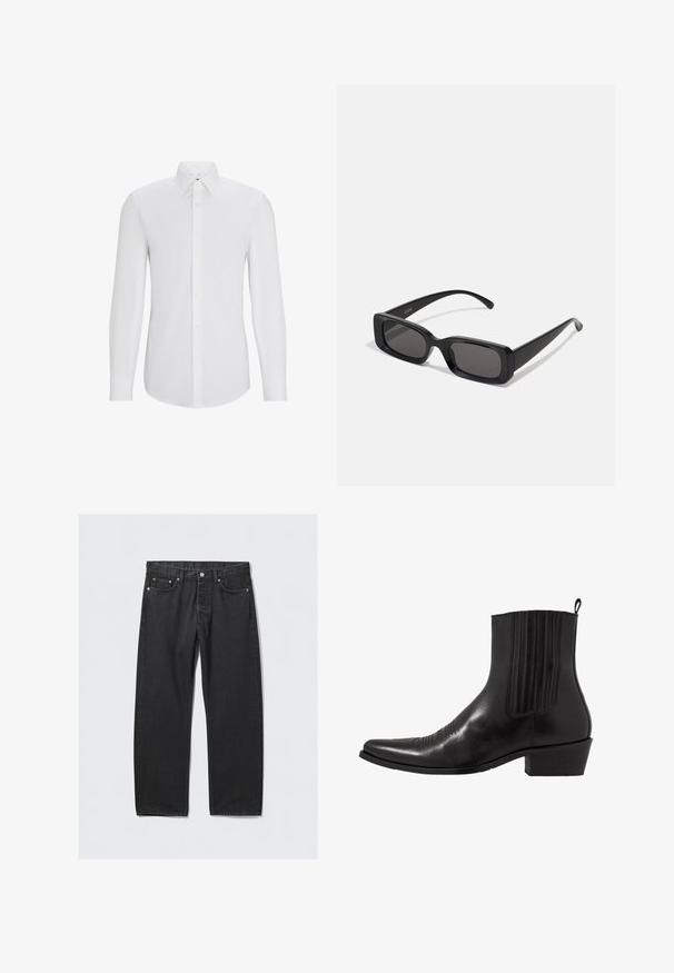 Dolga rokav obleka bela s satenastim ovratnikom, sprednjim gumbom, gladko teksturo in prilegajočim krojem. Brez vzorcev ali okraskov.; Črne kavbojke iz denima s ravnim krojem, z gumbom za zapenjanje, petimi žepi in detajli v bakreni barvi. Gladka tekstura.; Črne usnjene gležnjarje s koničastim nosom, elastičnimi stranskimi paneli, navpičnimi šivi in nizko blokasto peto.; Črne pravokotne sončna očala z temnimi lečami, sijajna površina, široka ročaja in masiven okvir. Vgravirano ime blagovne znamke na eni ročaji.
