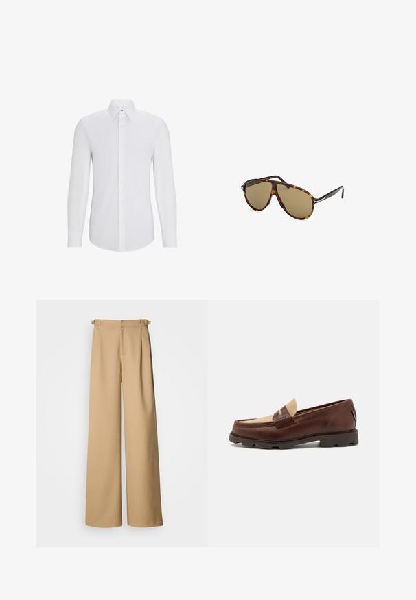 Biela košeľa s dlhým rukávom, s vykrojeným golierom, predným zapínaním na gombíky, hladkou textúrou a prispôsobeným strihom. Žiadne vzory ani akcenty nie sú viditeľné.; Béžové široké nohavice s vysokým pásom, s plisovaným predným dielom a pútkami na opasok. Vyrobené z hladkej látky s čistým, minimalistickým dizajnom.; Hnedé kožené loafers so taupe plátnovým akcentom, prešívaním a textúrovanou gumovou podrážkou navrhnutou pre pohodlie a trvácnosť.; Súťažné slnečné okuliare v korytnačkovom štýle s hnedými šošovkami, v leteckom štýle, s elegantným rámom a kovovými akcentmi na spánkoch.; Burgundská kravata s textúrovaným diagonálnym vzorom. Úzky tvar a špicatý koniec. Hladký povrch látky. Chýbajú viditeľné kovové prvky alebo akcenty.