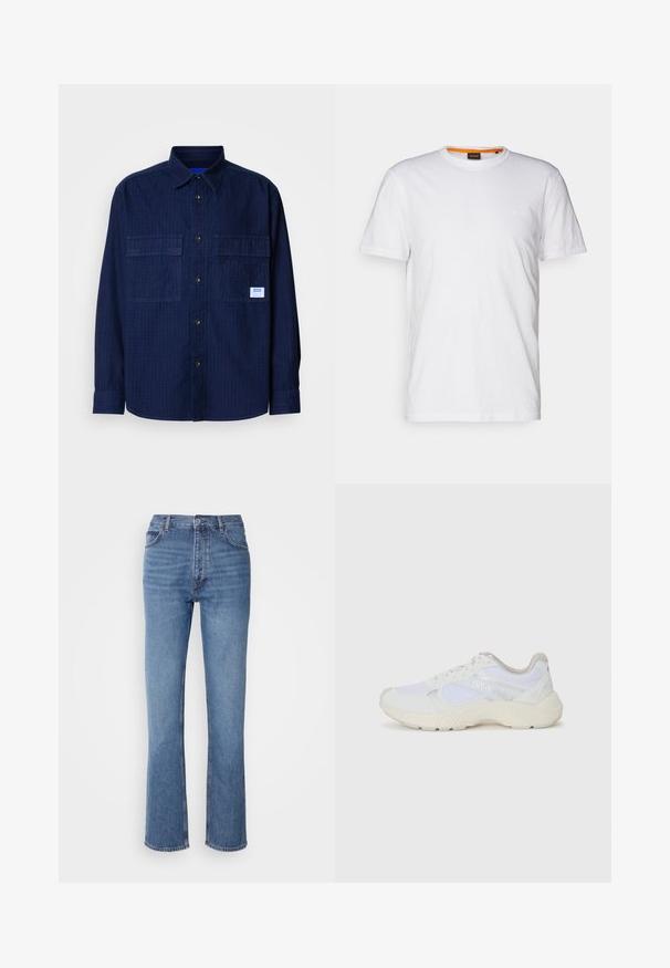 Camisa azul marinho de manga longa, com botões, dois bolsos no peito e um pequeno rótulo branco no bolso direito.; T-shirt de algodão branco com decote redondo, mangas curtas e um logo em relevo discreto no peito. A etiqueta interior tem um detalhe laranja.; Jeans de ganga azuis com cintura alta, design de perna reta e um desbotado subtil. Apresenta o clássico estilo de cinco bolsos e um fecho com fecho éclair.; Ténis brancos desportivos feitos de malha e camurça, com uma entressola texturizada, elementos texturizados e o logótipo "HUGO" na lateral.